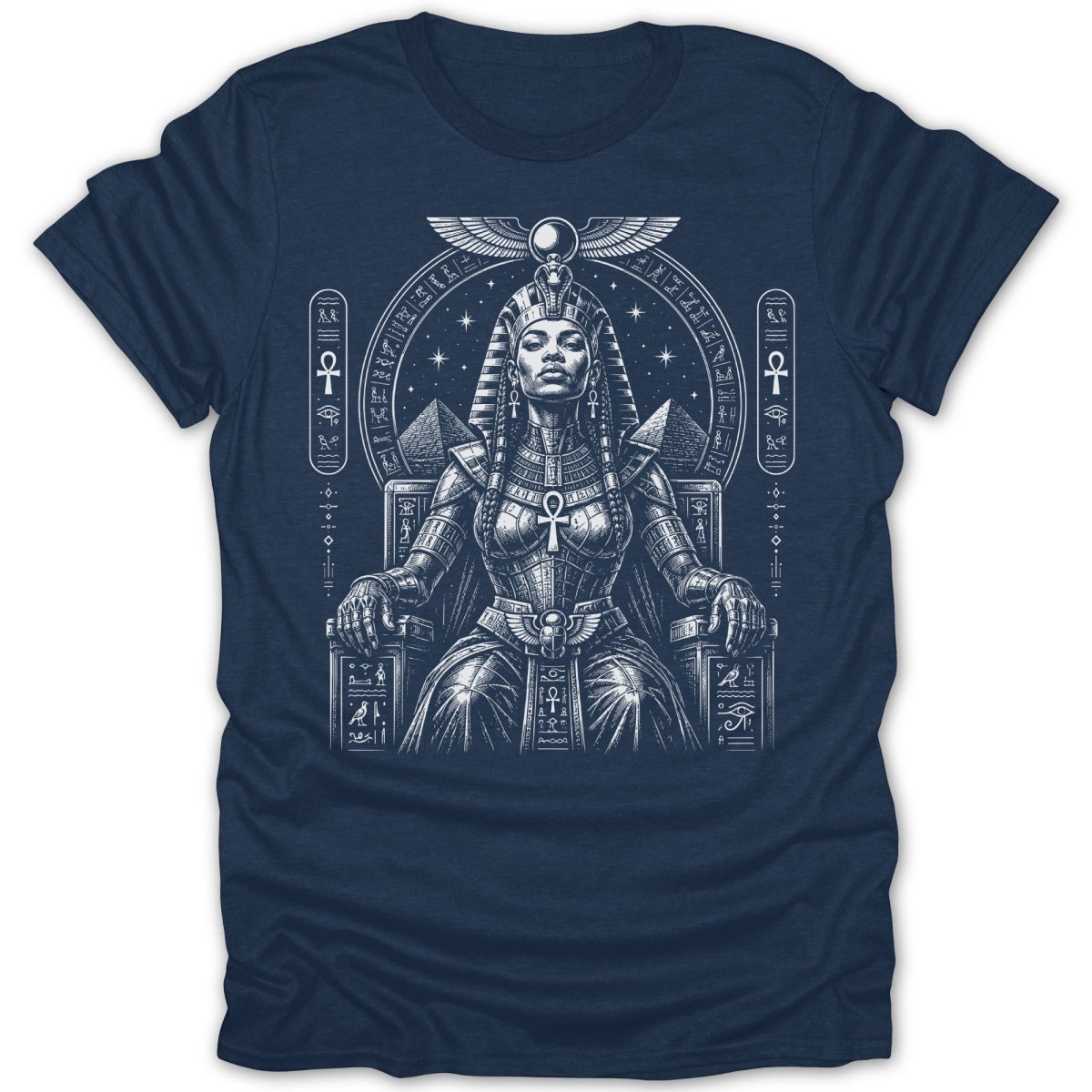Dark t-shirt with a black and white Egyptian queen seated on a throne.