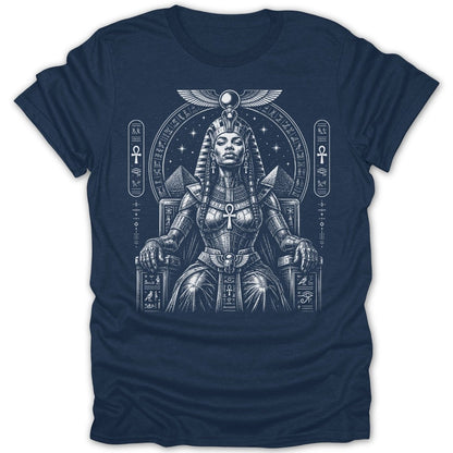Dark t-shirt with a black and white Egyptian queen seated on a throne.