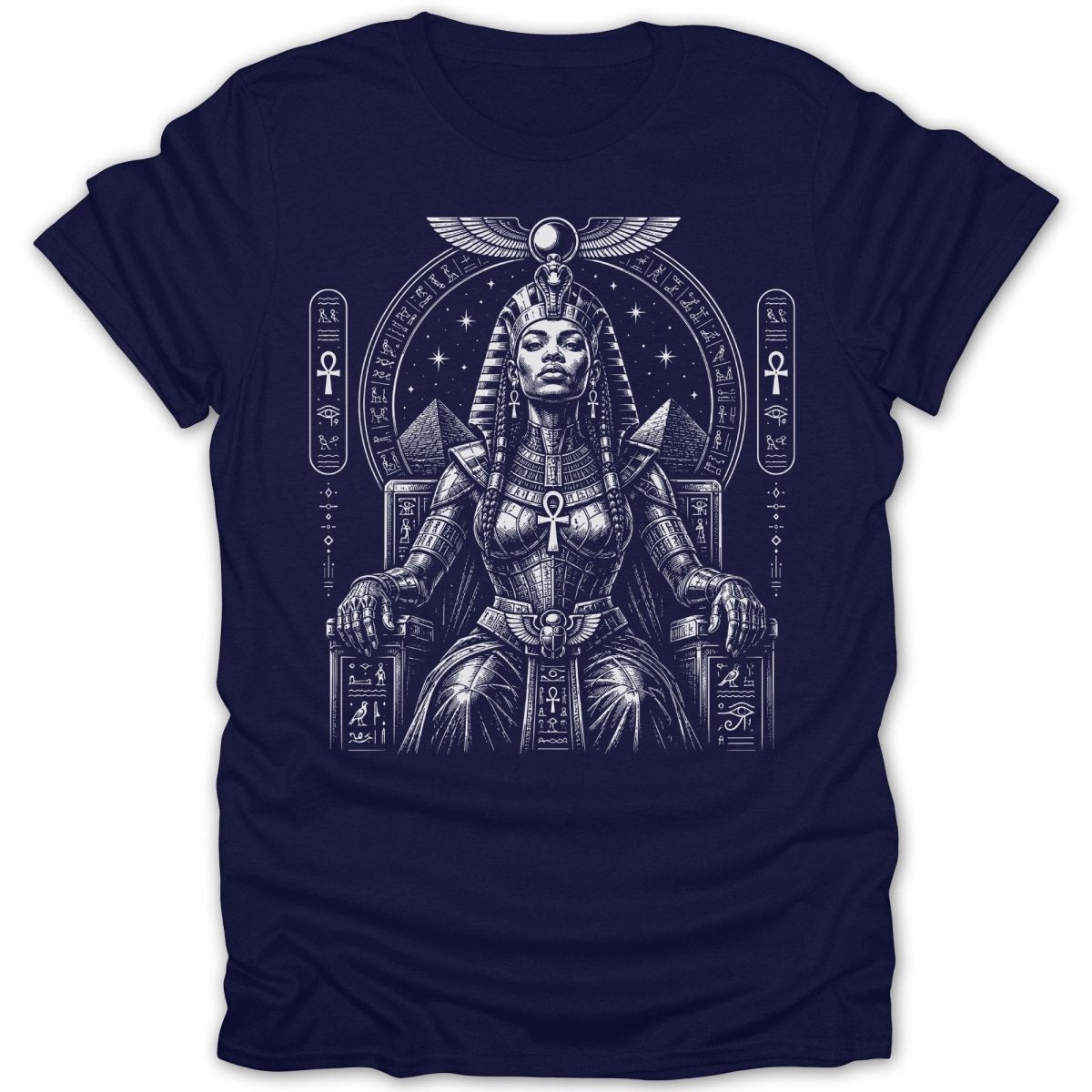 Queen Nefertiti sits on a throne, adorned with Egyptian hieroglyphs and symbols.