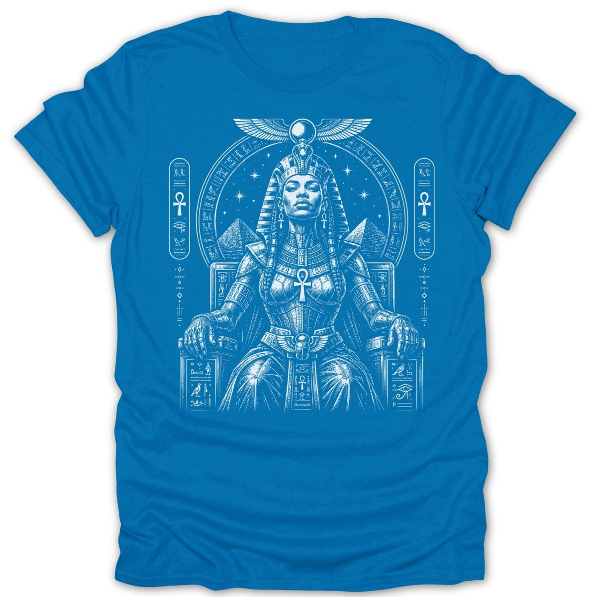 Blue t-shirt with white Egyptian queen seated on throne with hieroglyphs.
