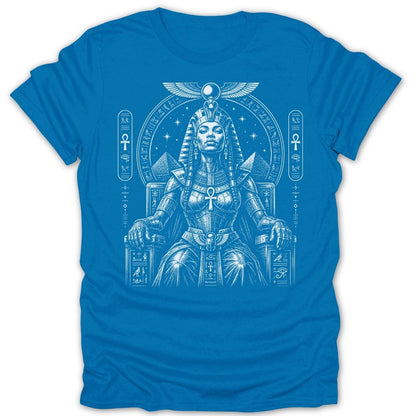 Blue t-shirt with white Egyptian queen seated on throne with hieroglyphs.