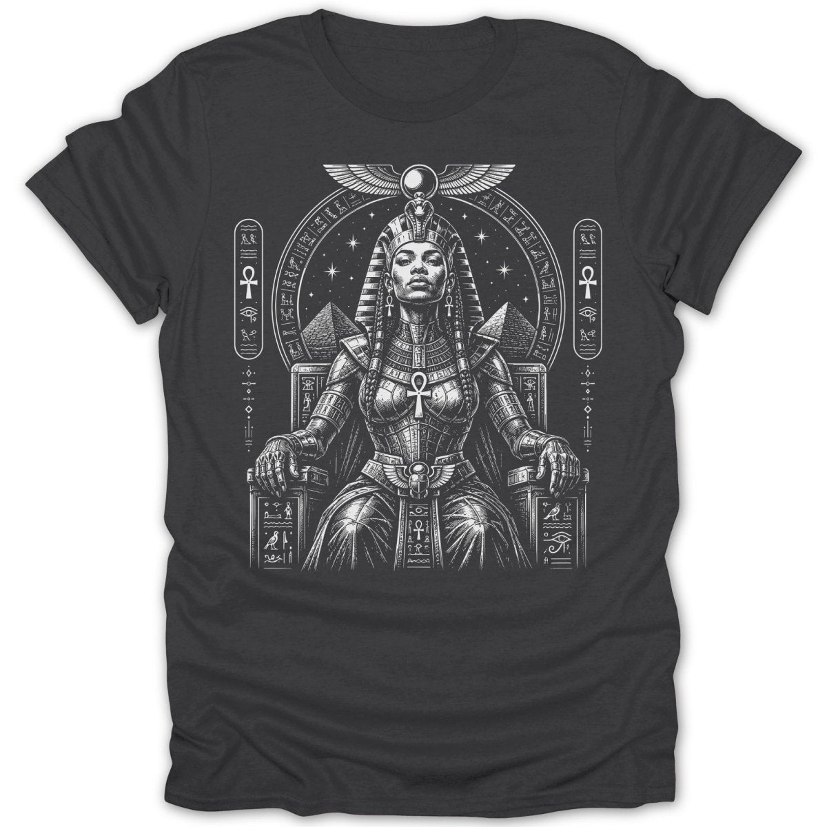 Egyptian queen adorned with headdress and jewelry sitting on a throne.