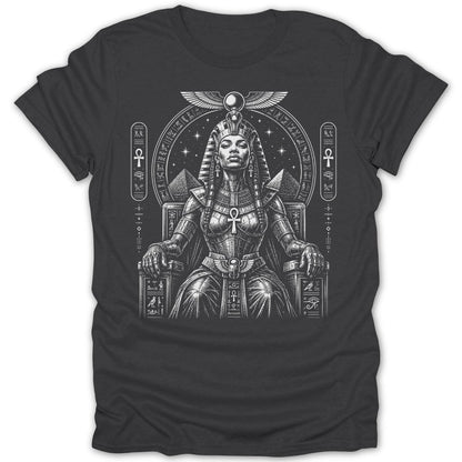 Egyptian queen adorned with headdress and jewelry sitting on a throne.