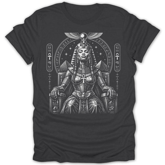 Egyptian queen adorned with headdress and jewelry sitting on a throne.