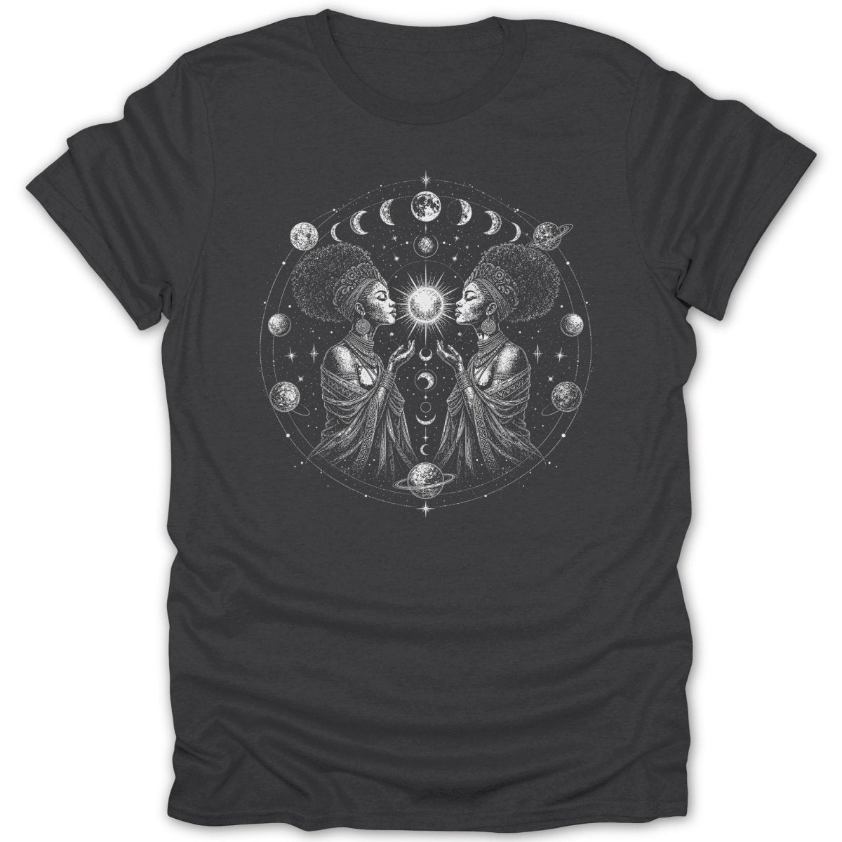 Two women with crowns face inwards creating a symmetrical design with celestial elements.