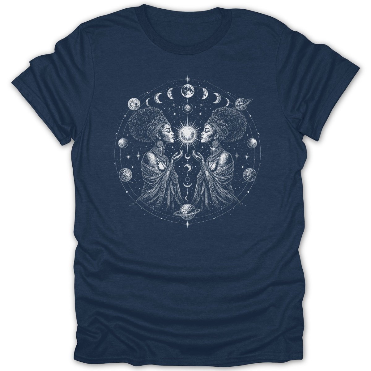 T-shirt with a circular design of two women holding a sun, moon cycles, planets, and stars.