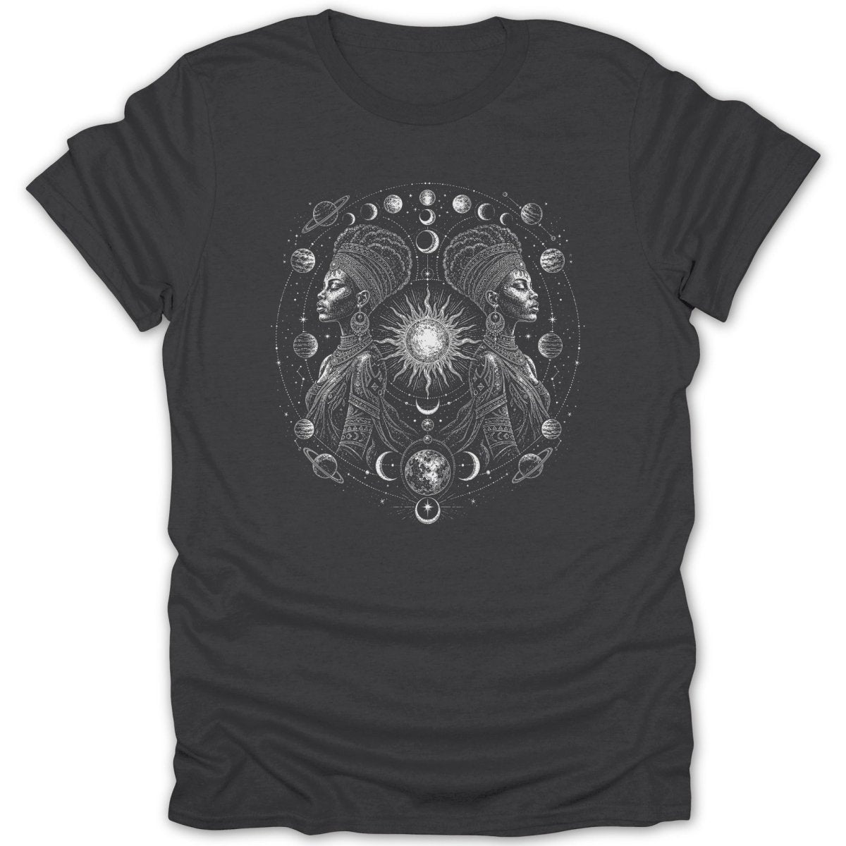 Dark grey t-shirt with a black and white graphic of two women and celestial bodies.