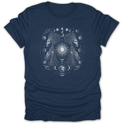 Dark blue t-shirt with white celestial graphic of two women, sun, and planets.