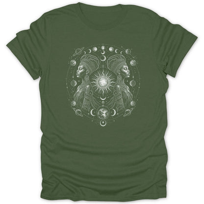 Green t-shirt with white Gemini queens, sun, moon, planets, and stars design.