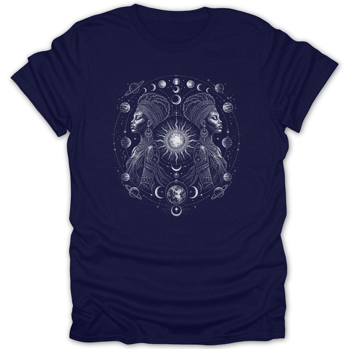 Navy t-shirt with celestial design of two women, sun, moons, and planets.