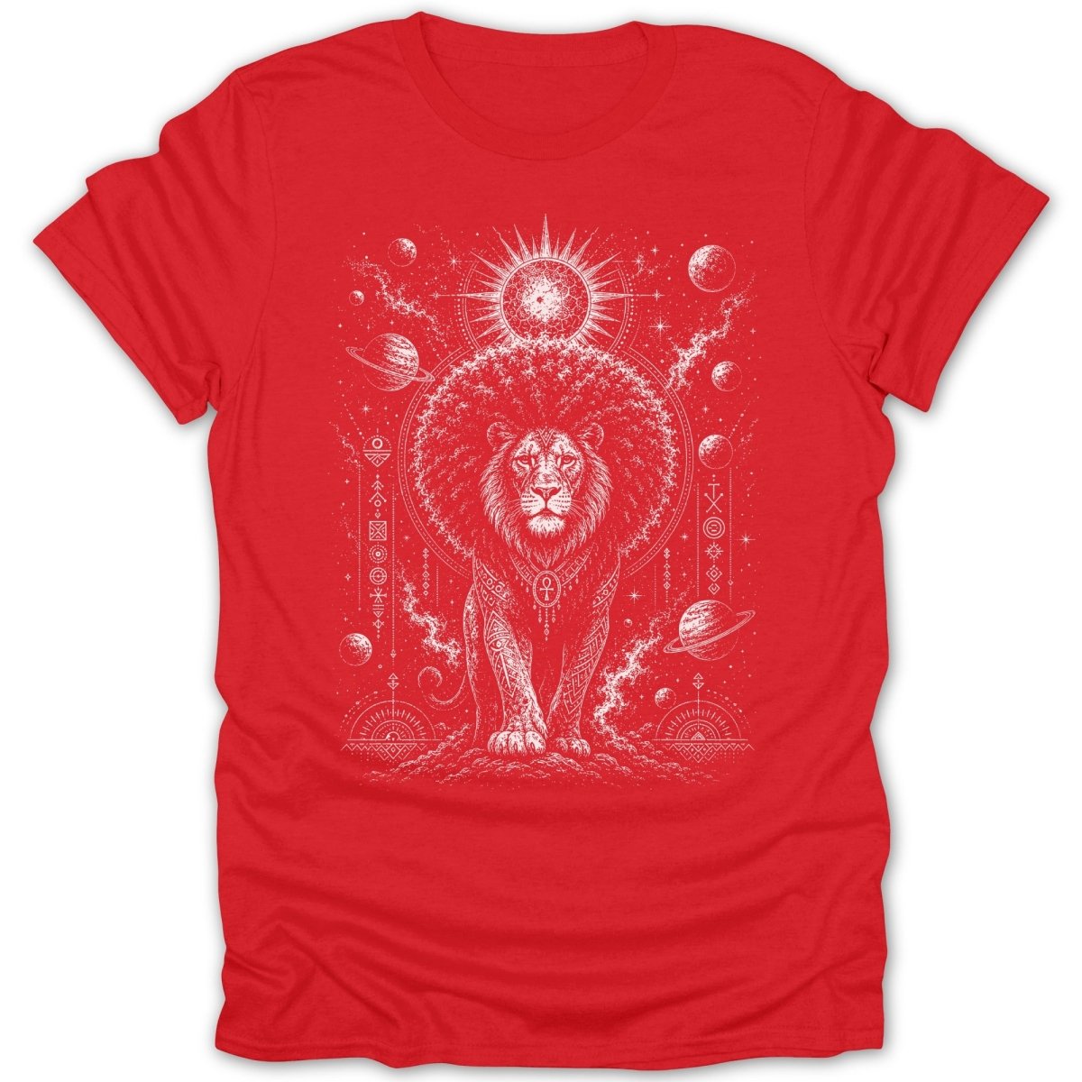 Red t-shirt with white line art of a lion in space surrounded by planets and celestial symbols.