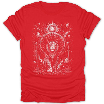 Red t-shirt with white line art of a lion in space surrounded by planets and celestial symbols.