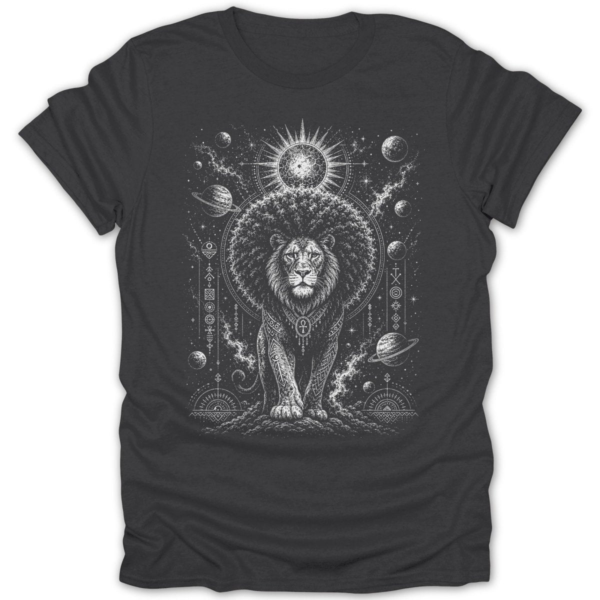 Lion with cosmic background and Egyptian ankh symbol on dark t-shirt.