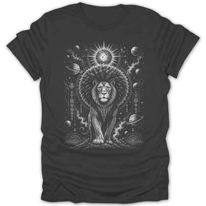 Lion with cosmic background and Egyptian ankh symbol on dark t-shirt.