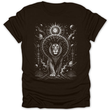 Dark t-shirt with a white celestial lion illustration and cosmic background.