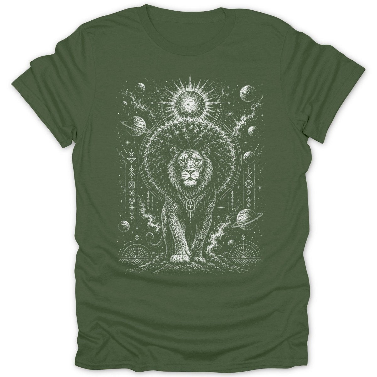Lion with ankh necklace and cosmic, planetary background design on a green t-shirt.