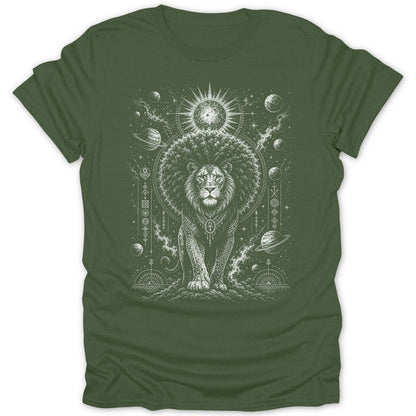 Lion with ankh necklace and cosmic, planetary background design on a green t-shirt.
