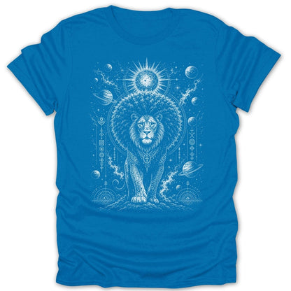 White lion with sun and celestial bodies graphic on a blue t-shirt.