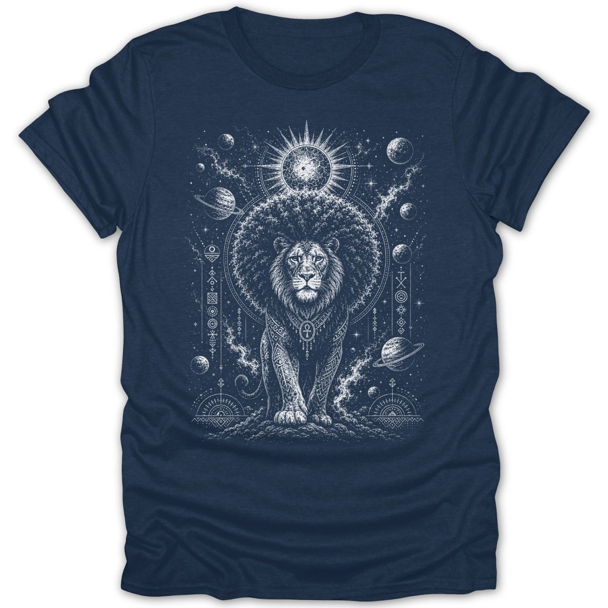 Lion with cosmic background, planets, and geometric symbols on a navy t-shirt.