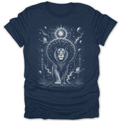 Lion with cosmic background, planets, and geometric symbols on a navy t-shirt.