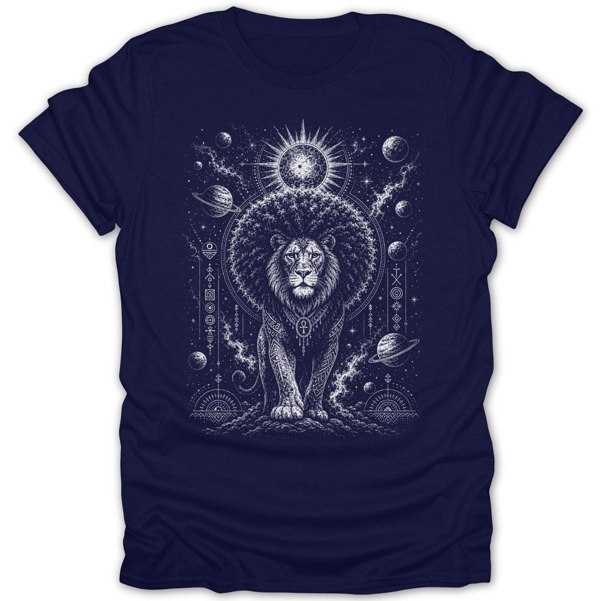 Lion with cosmic, geometric, and planetary design on navy blue t-shirt.