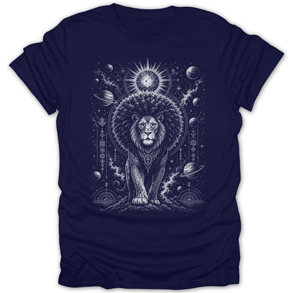 Lion with cosmic, geometric, and planetary design on navy blue t-shirt.