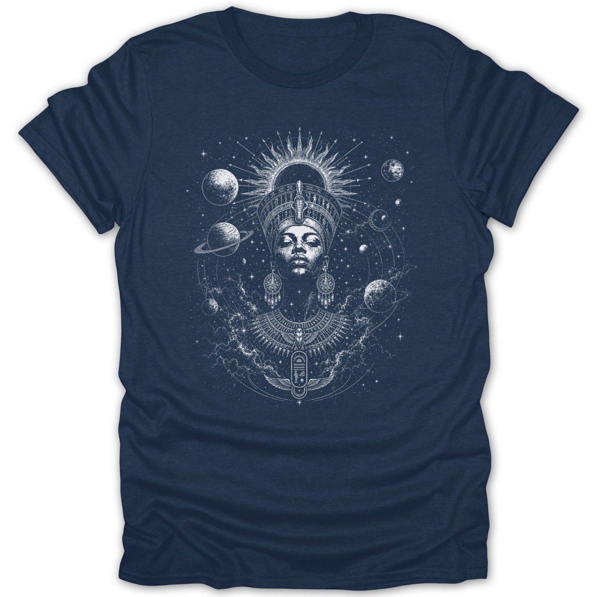 T-shirt with Nefertiti surrounded by planets, stars, and celestial elements.