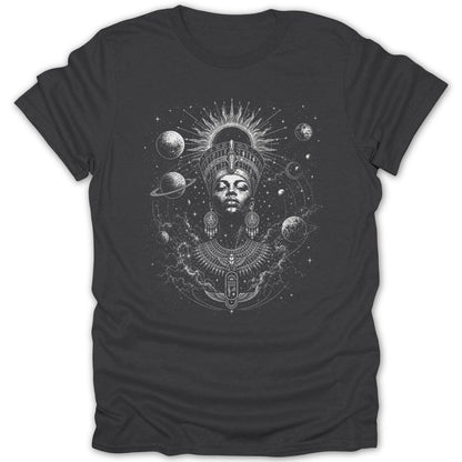 Dark t-shirt with detailed sketch of an Egyptian queen surrounded by planets and stars.