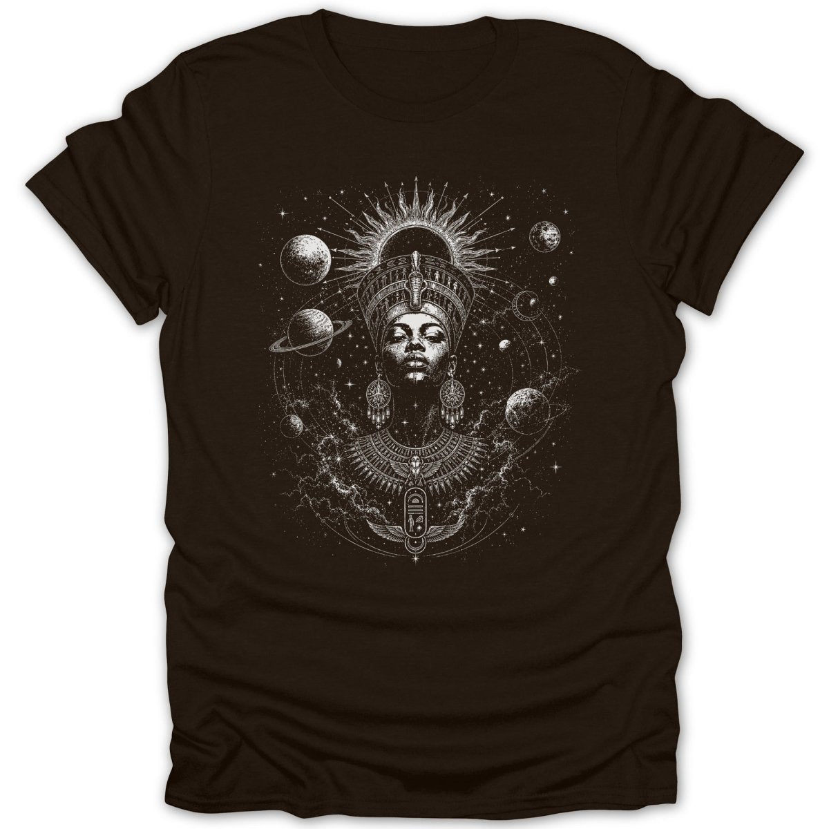 Black t-shirt with white Egyptian queen and celestial bodies graphic.