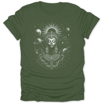 Green t-shirt with white Egyptian-inspired cosmic galaxy graphic.