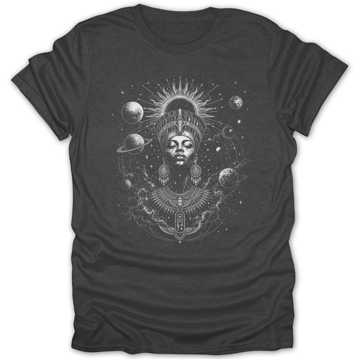 Dark t-shirt with a white graphic of an Egyptian queen surrounded by planets and stars.