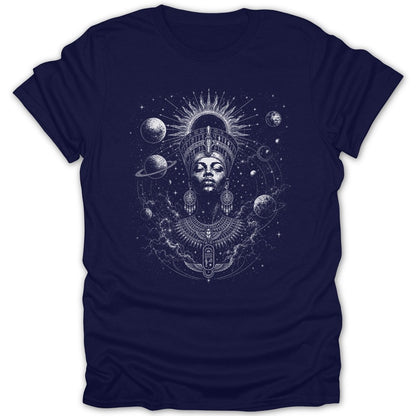 T-shirt with a white graphic of a queen with Egyptian headdress and solar system.