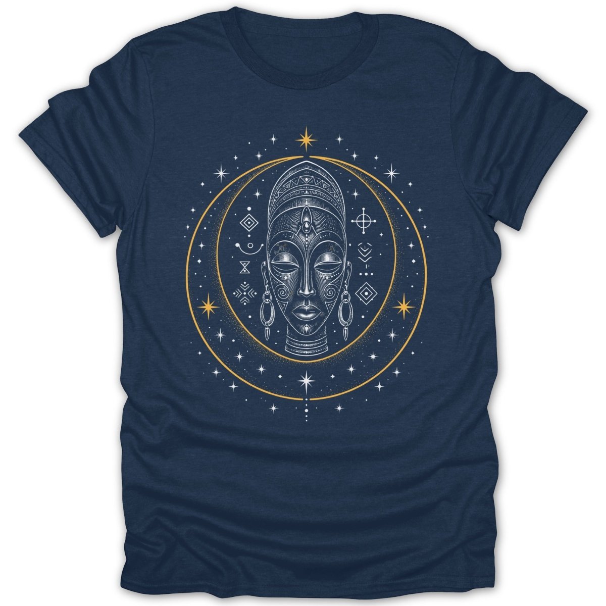 Dark blue t-shirt with a graphic of a stylized face and celestial elements.