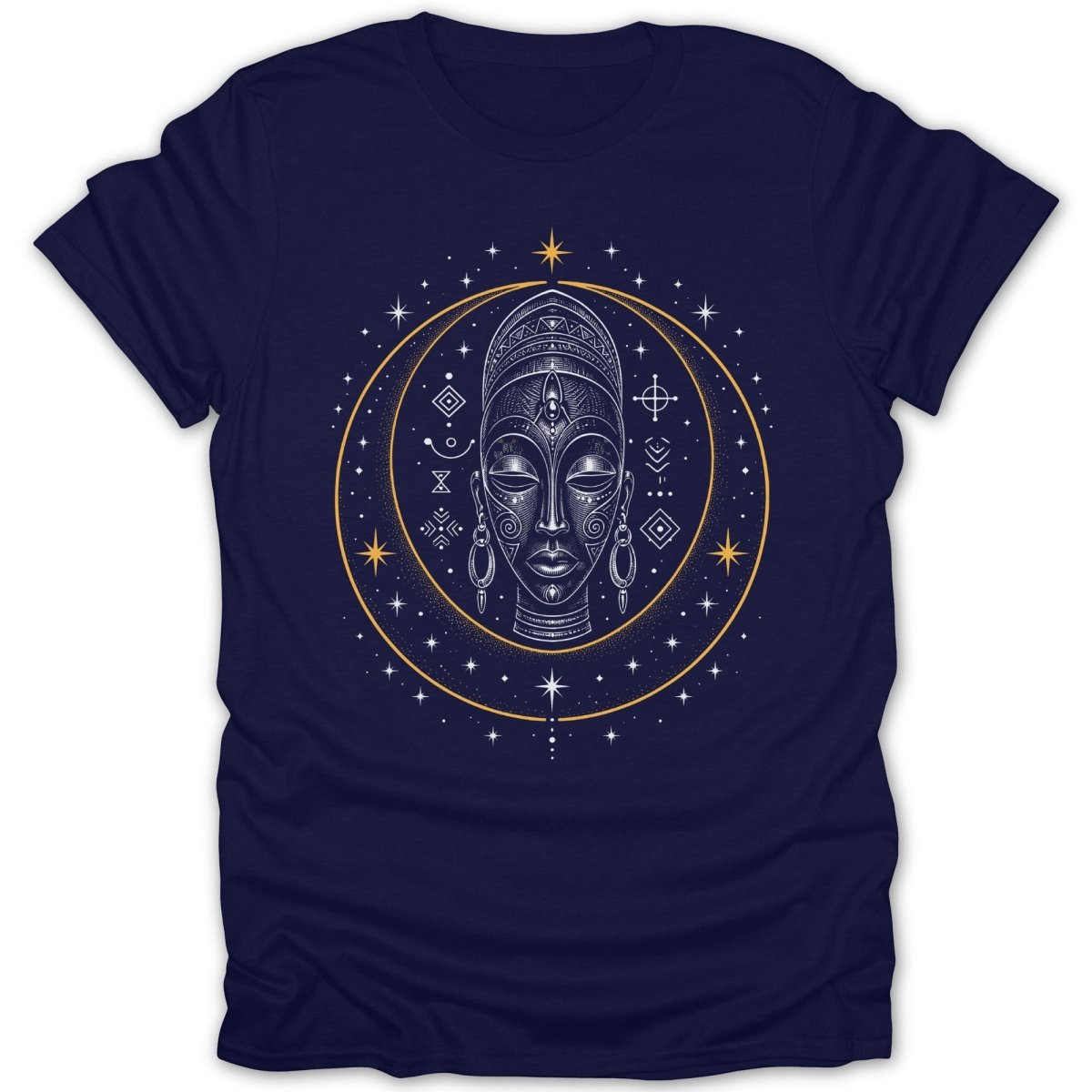 Dark blue t-shirt with a stylized tribal mask and celestial design.