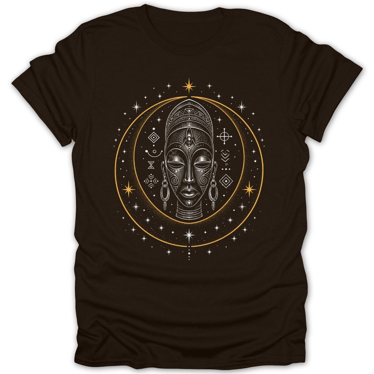 T-shirt with a circular, graphic design featuring a stylized face surrounded by stars.