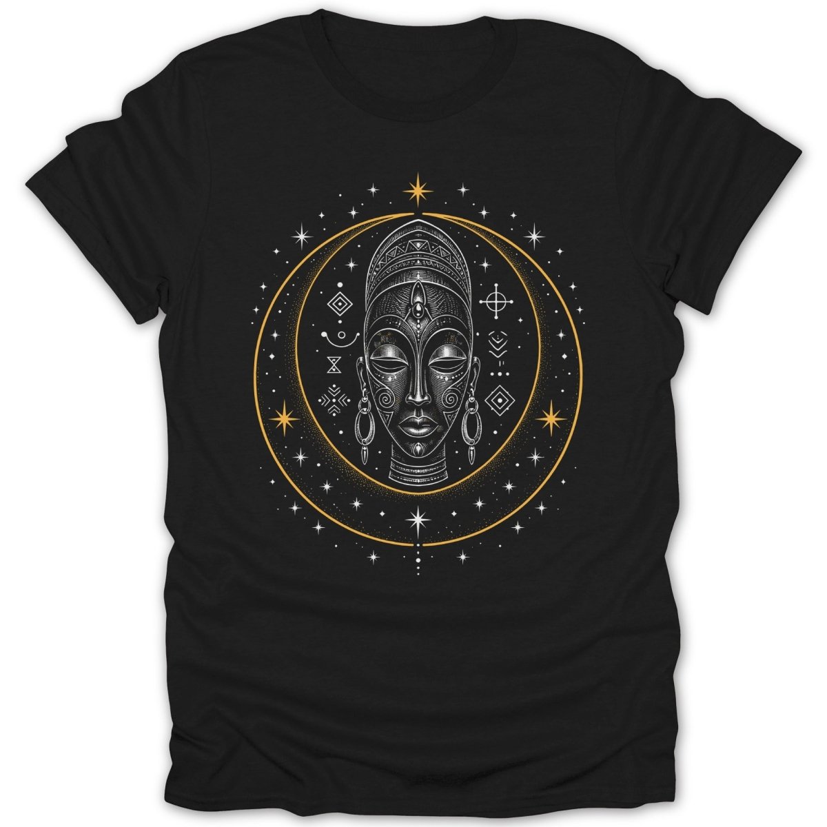 Black t-shirt featuring a circular design with a stylized tribal mask and stars.