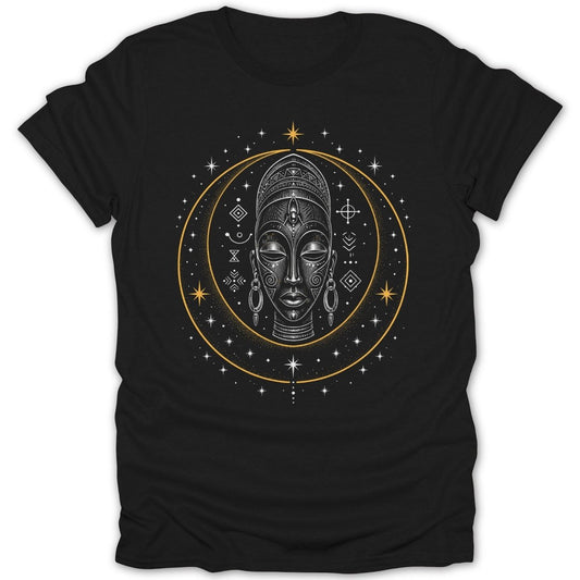 Black t-shirt featuring a circular design with a stylized tribal mask and stars.