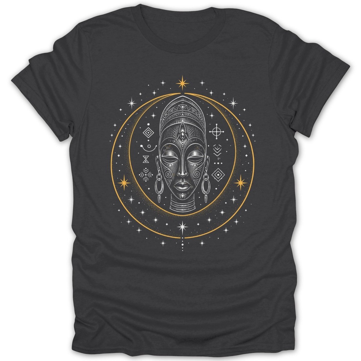 Dark t-shirt with a stylized face mask design surrounded by stars and circles.