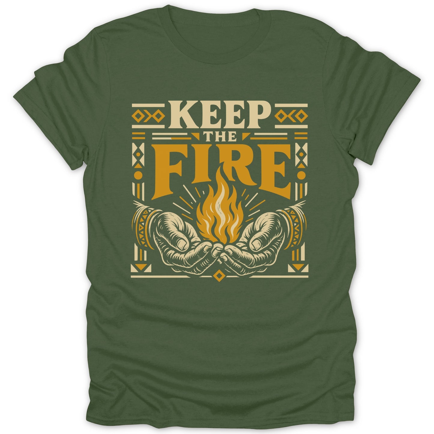 Hands cup a flame with text "KEEP THE FIRE" above.