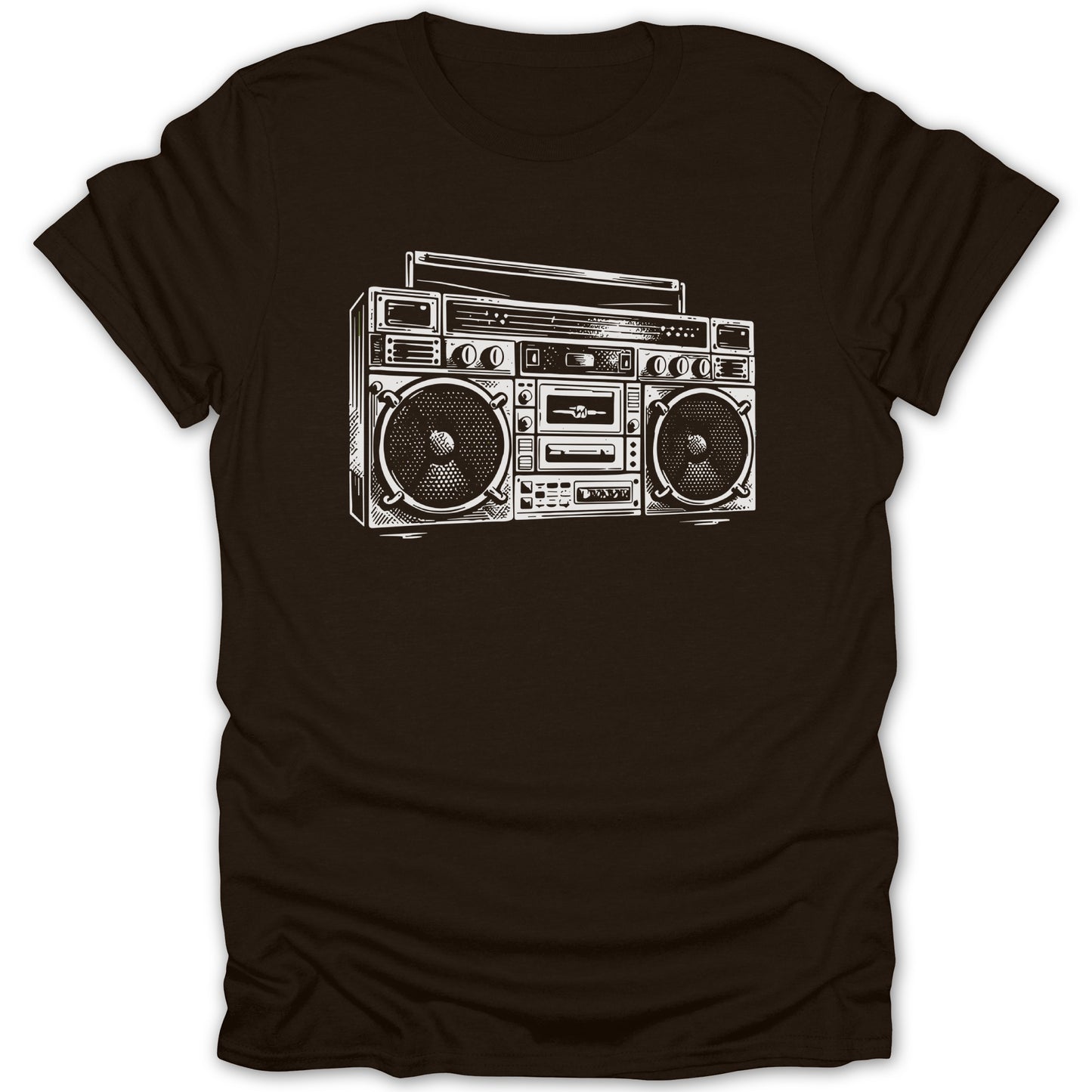 White line art of a boombox with two speakers on a brown t-shirt.