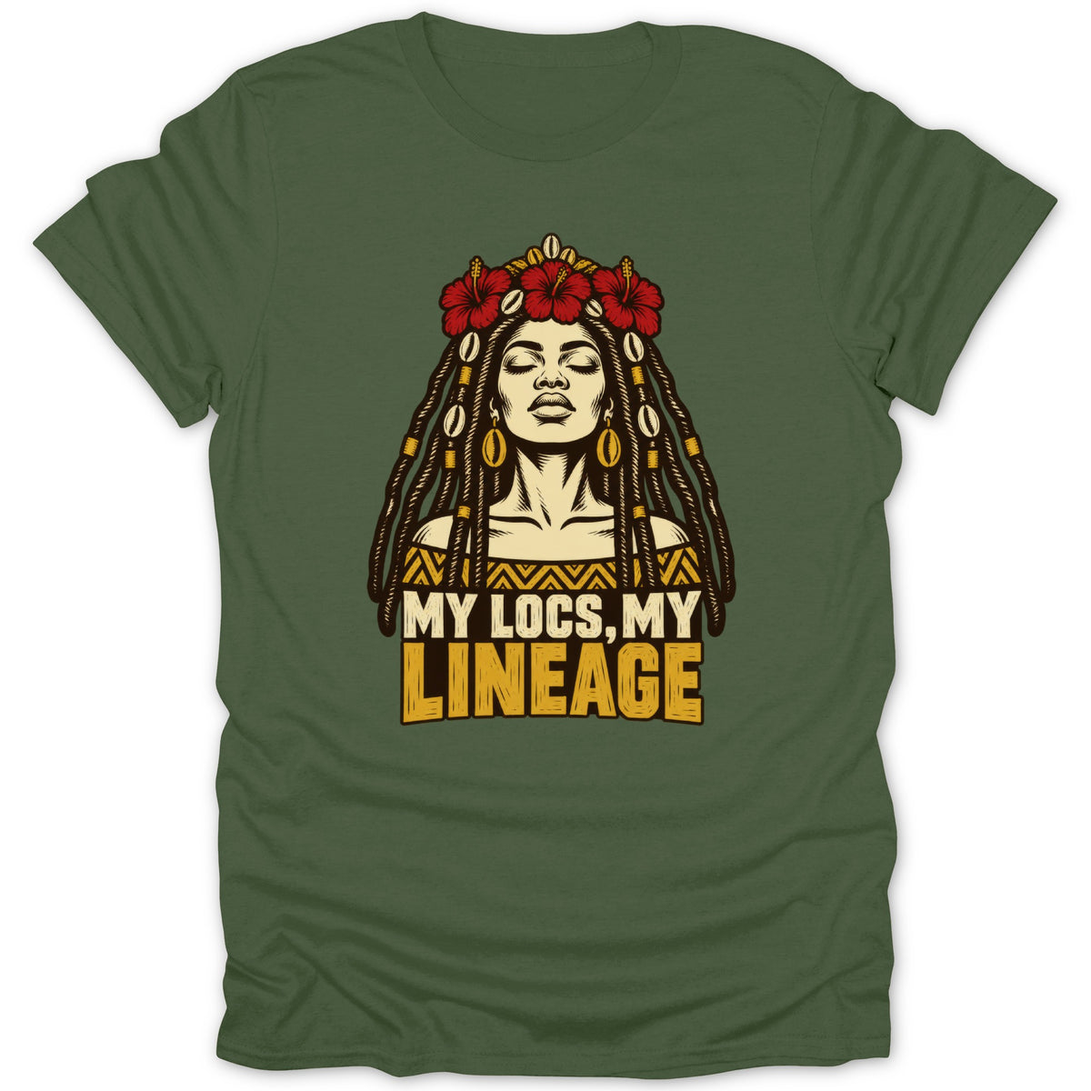 Olive green t-shirt featuring a graphic of a Black woman with locs and the text My Locs, My Lineage.