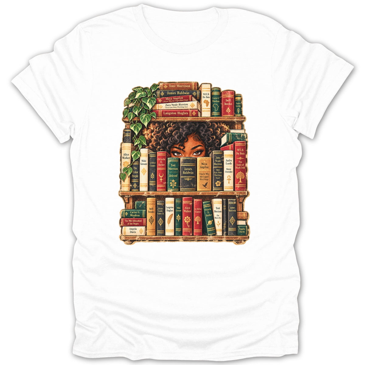 Illustration of a person's face peeking from behind a bookshelf of books.