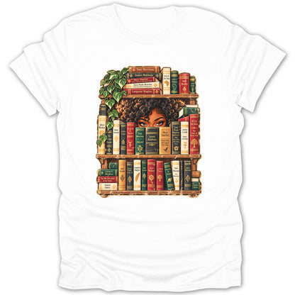 Illustration of a person's face peeking from behind a bookshelf of books.