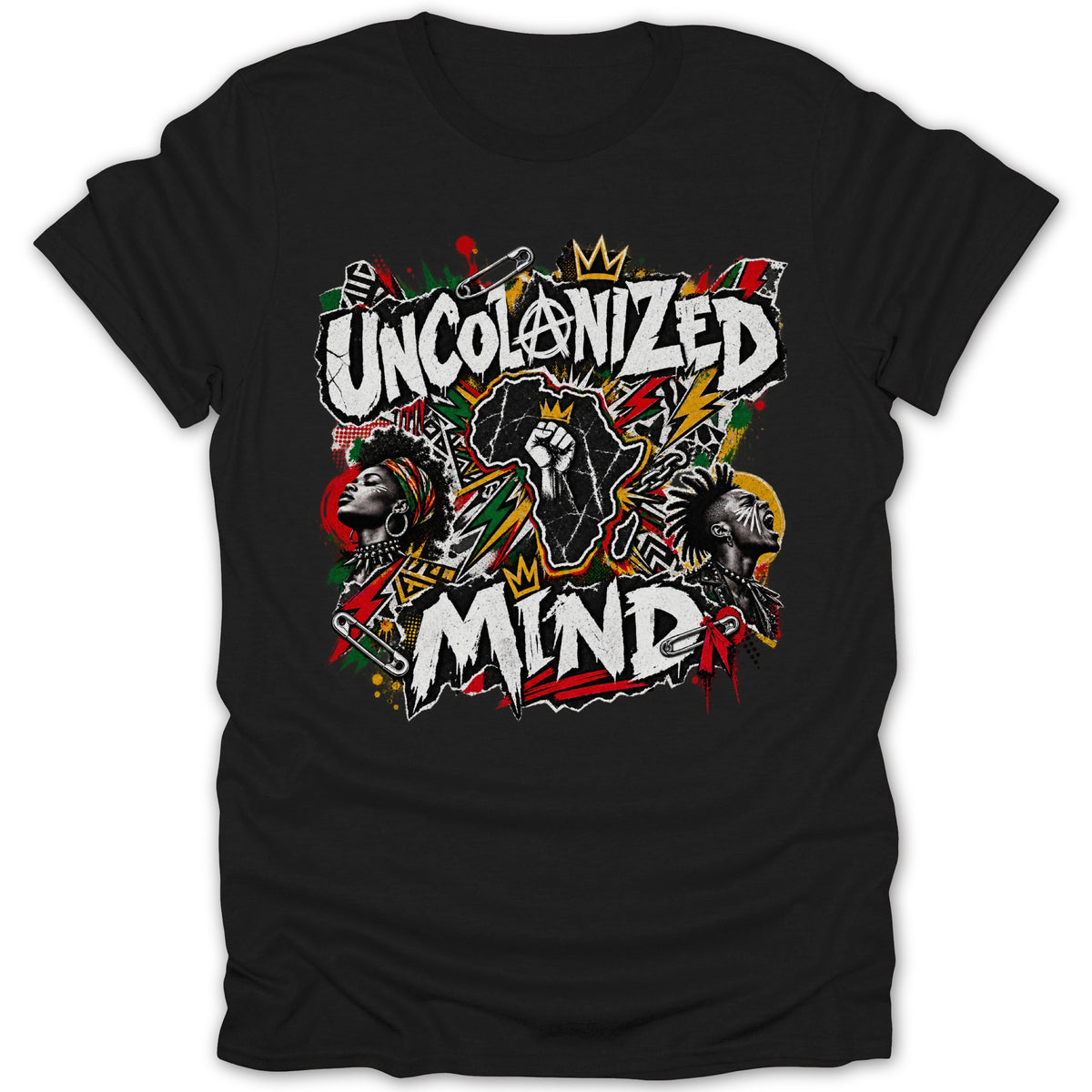 Black t-shirt with "UNCOLONIZED MIND" text, African map, fist, and portraits.