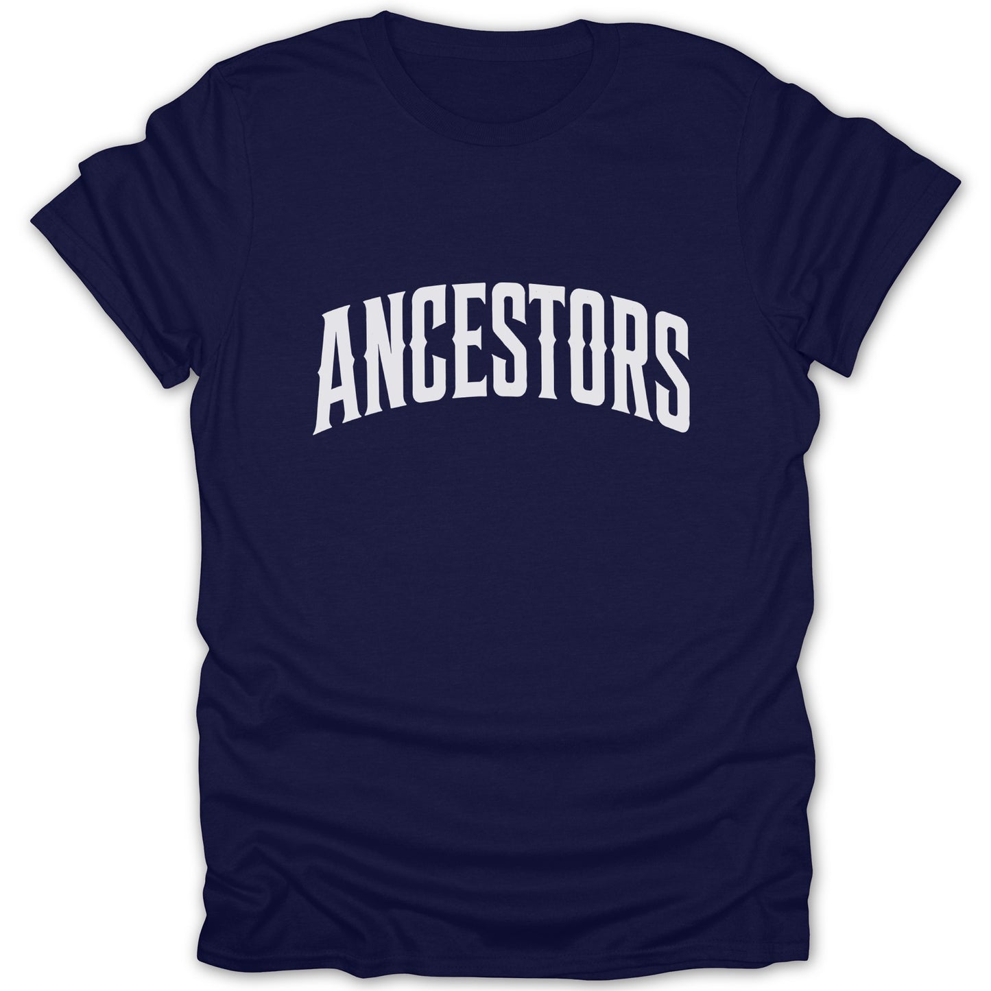 Navy t-shirt with white arched "ANCESTORS" graphic across the chest.