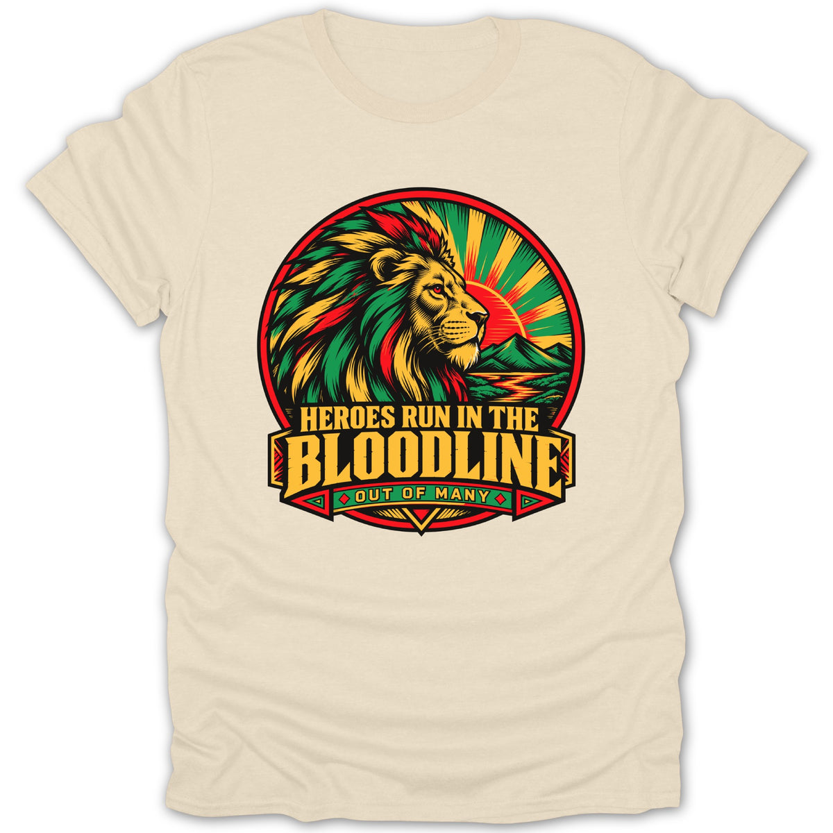Lion with red, gold, and green mane, sunburst, mountains, and text "HEROES RUN IN THE BLOODLINE OUT OF MANY".