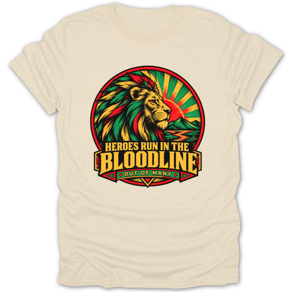 Lion with red, gold, and green mane, sunburst, mountains, and text "HEROES RUN IN THE BLOODLINE OUT OF MANY".