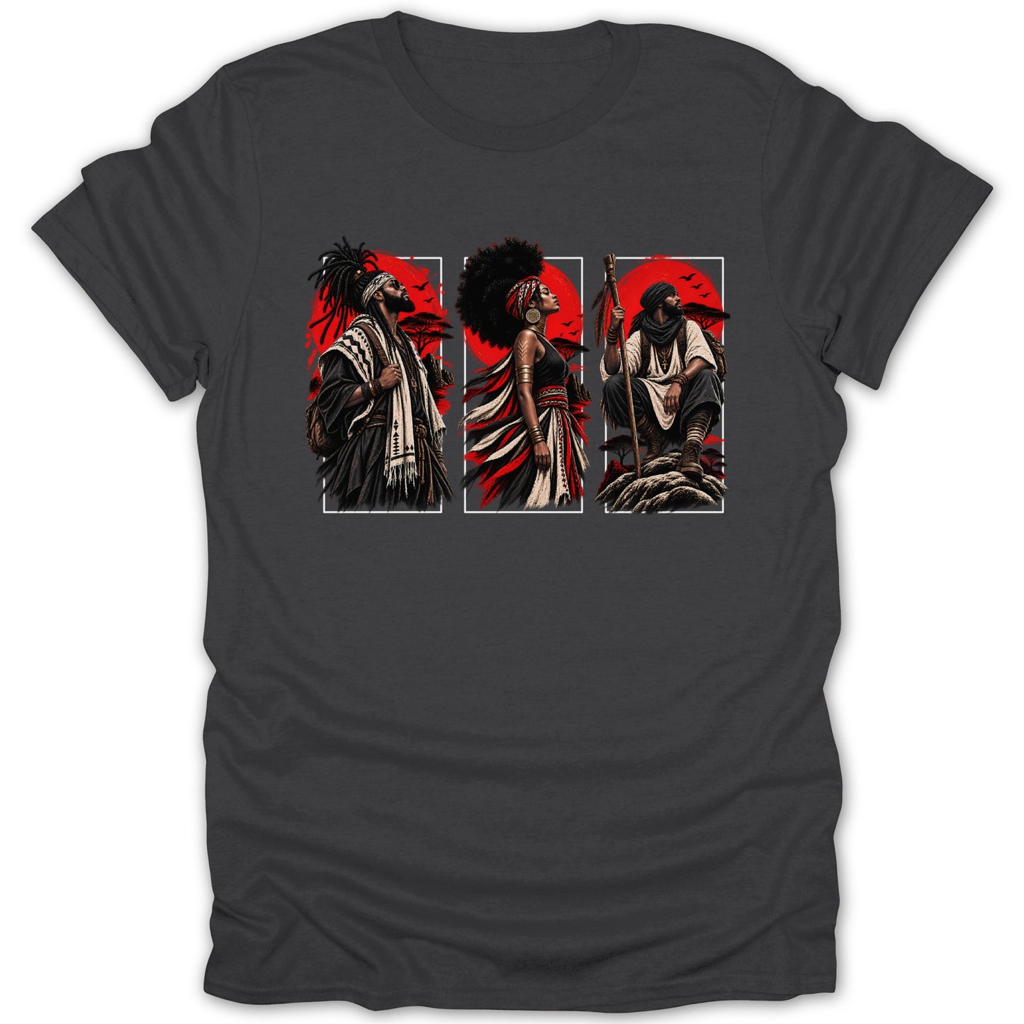Three figures in traditional attire stand against a red backdrop with trees and birds.