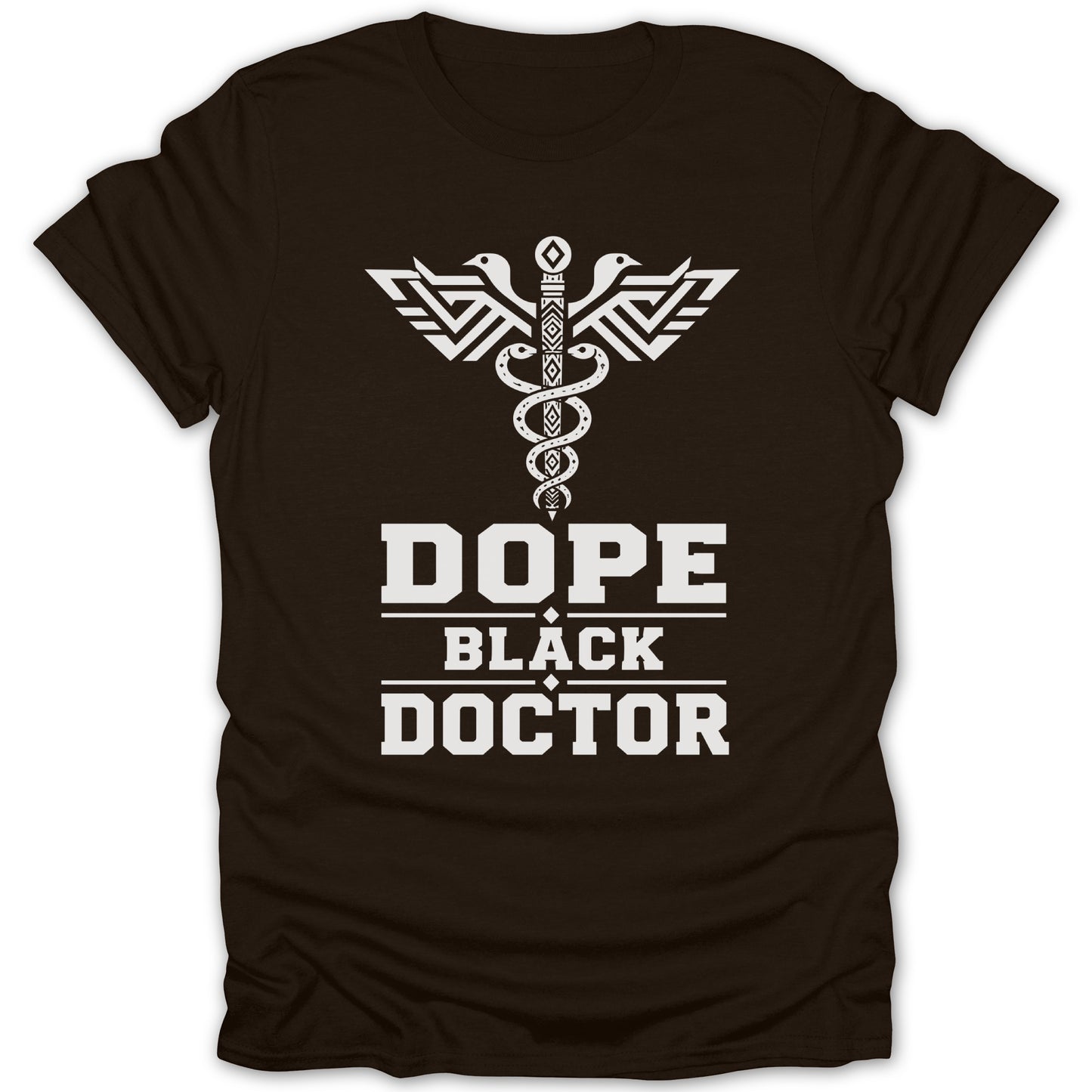 Black t-shirt with white Dope Black Doctor text and caduceus symbol.