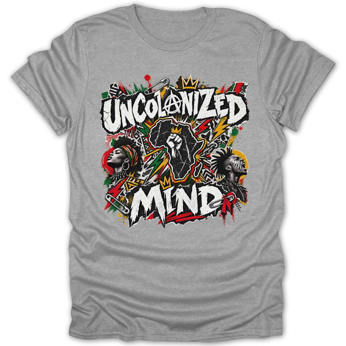 Graphic t-shirt with "UNCOLONIZED MIND" text, Africa map, and portraits of two people.